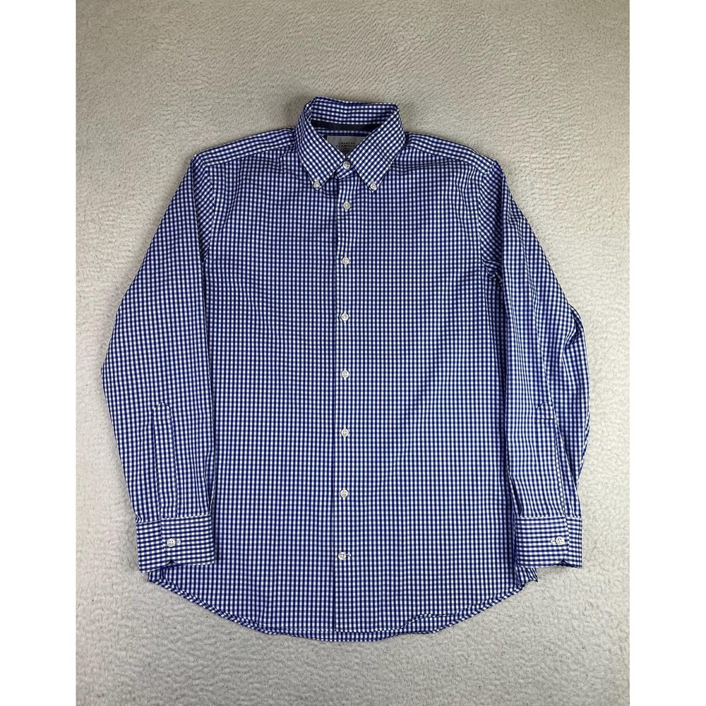 Charles Tyrwhitt Dress Shirt Mens 16 34/35 Blue Gingham Slim Fit Non Iron LS